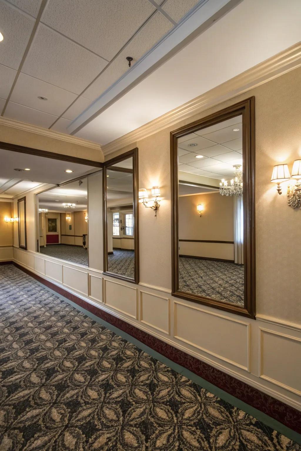 A small room using a mirrored partial wall that optimizes space and light.