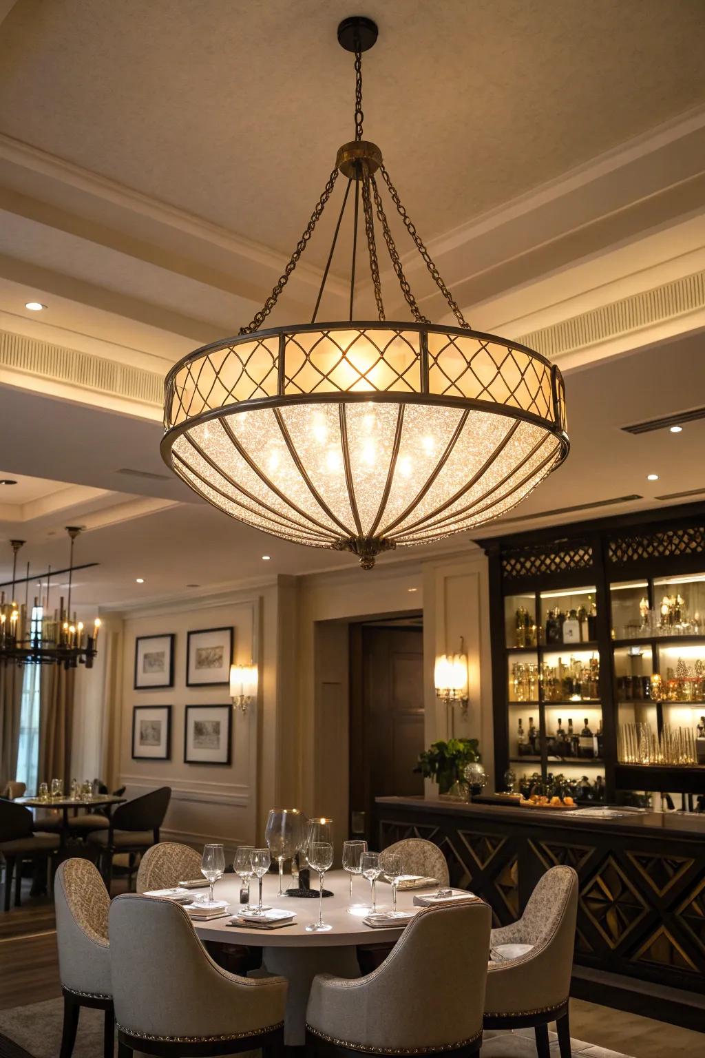 A room enhanced by a focal lighting piece that commands attention.