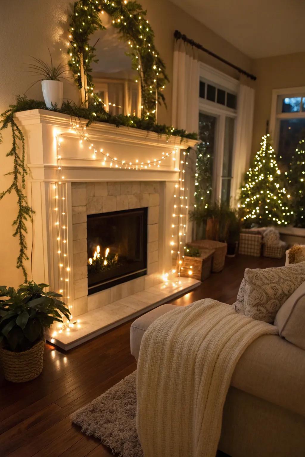 Enhance your fireplace with cozy light strands.