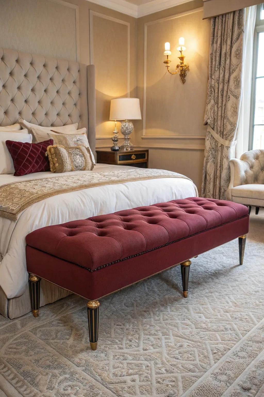 A wine-colored bench adds seating and elegance to the bedroom.