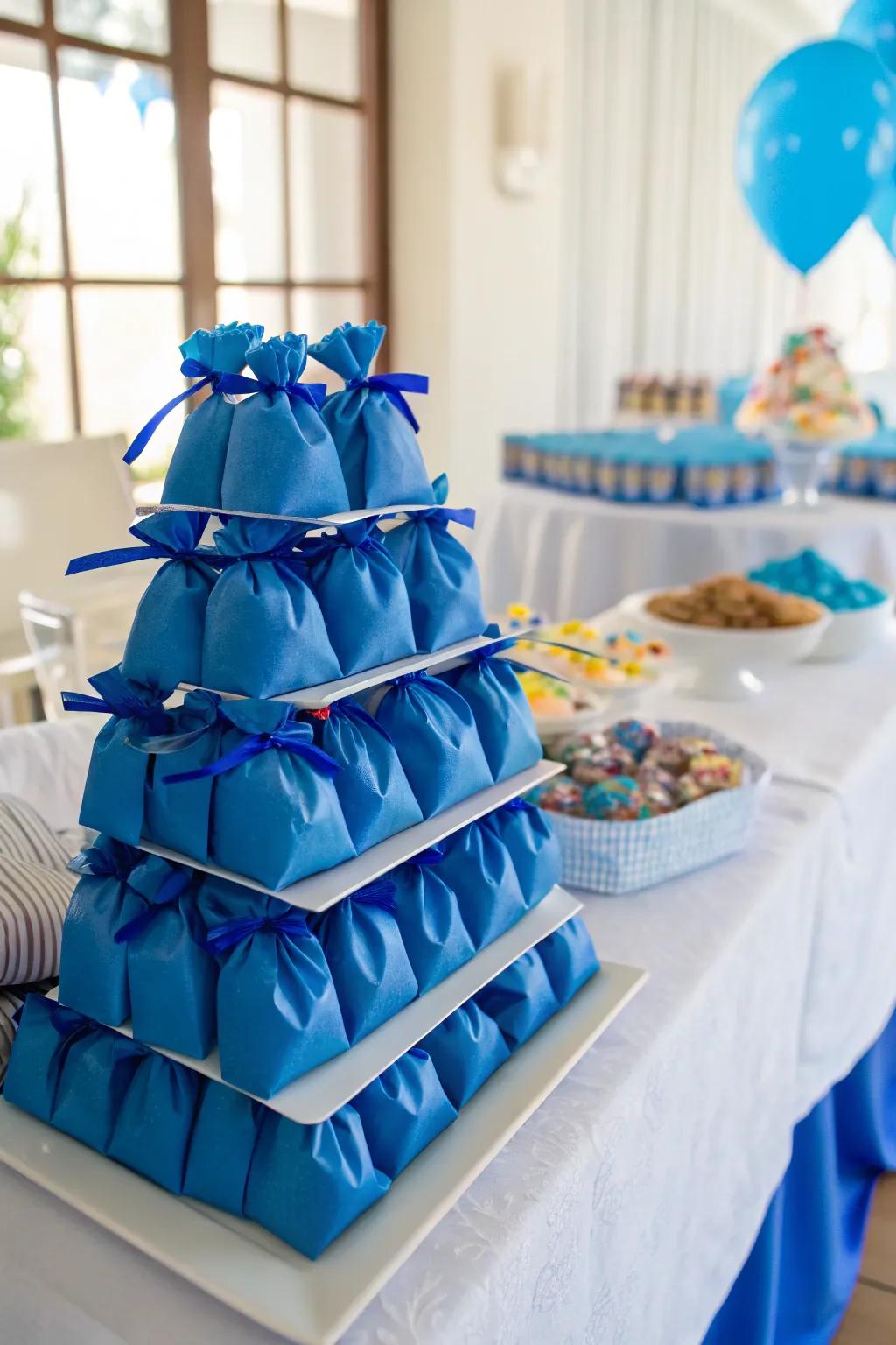 Themed sweet sacks harmonizing with the table's midnight blue motif.