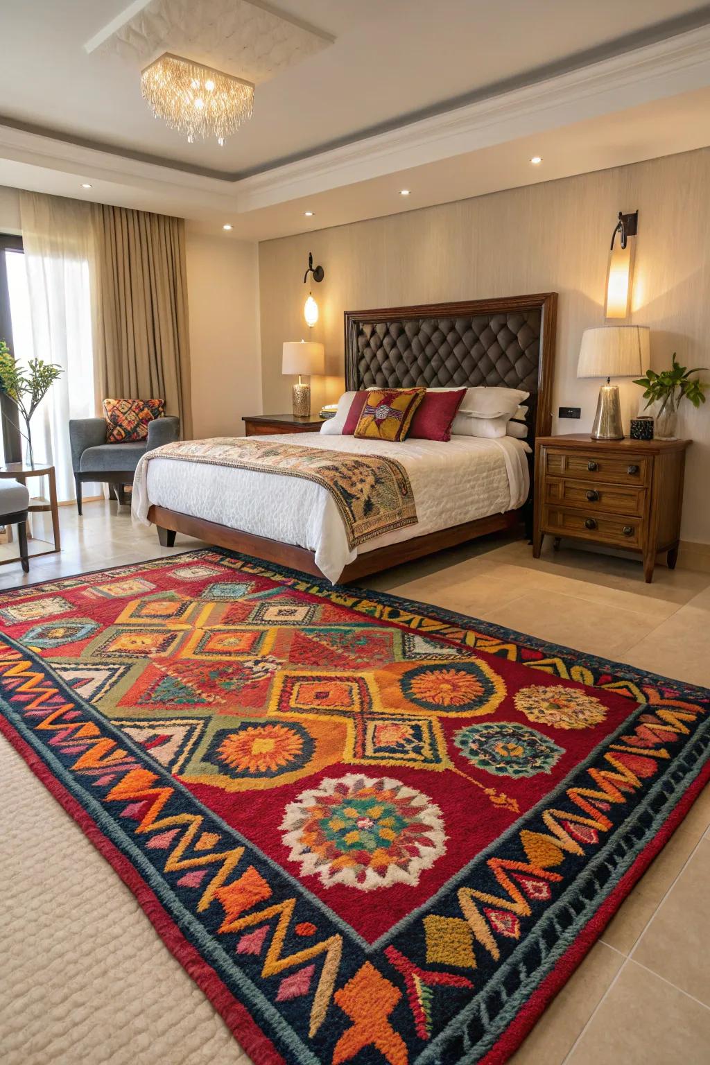 A statement rug can transform your bedroom into a designer space.