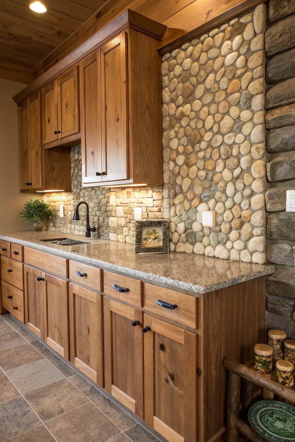 A stone mosaic backsplash adds a natural, creative touch.