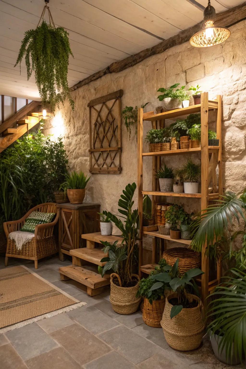 Indoor plants bring life and color to a rustic basement.