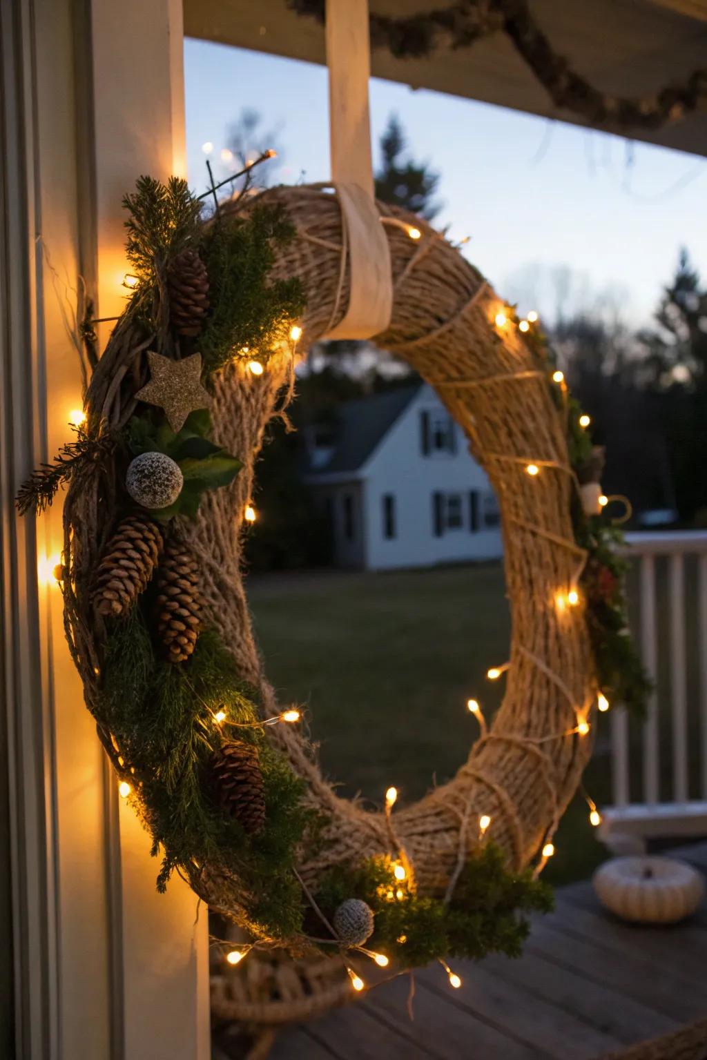 Cord and lights make a sparkling look on the wreath.