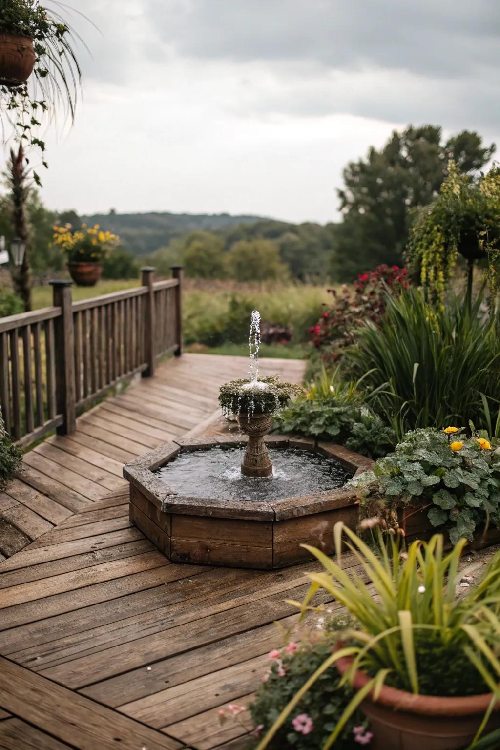 A water feature adds peace and charm to this deck.