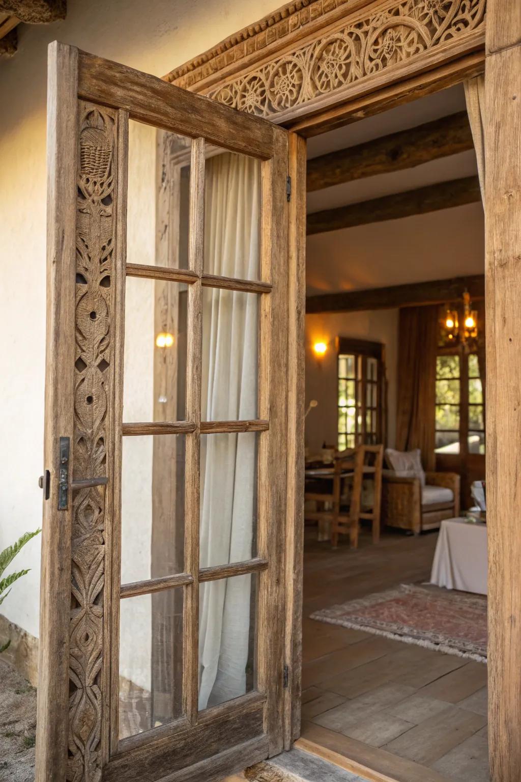 A rustic door frame with glass panels, enhancing natural light and texture.