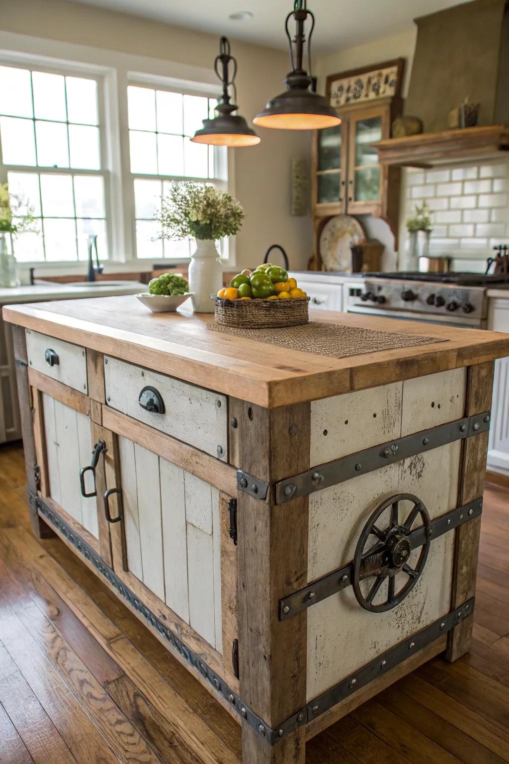 A farmhouse kitchen island featuring aged metal accents for an industrial touch.