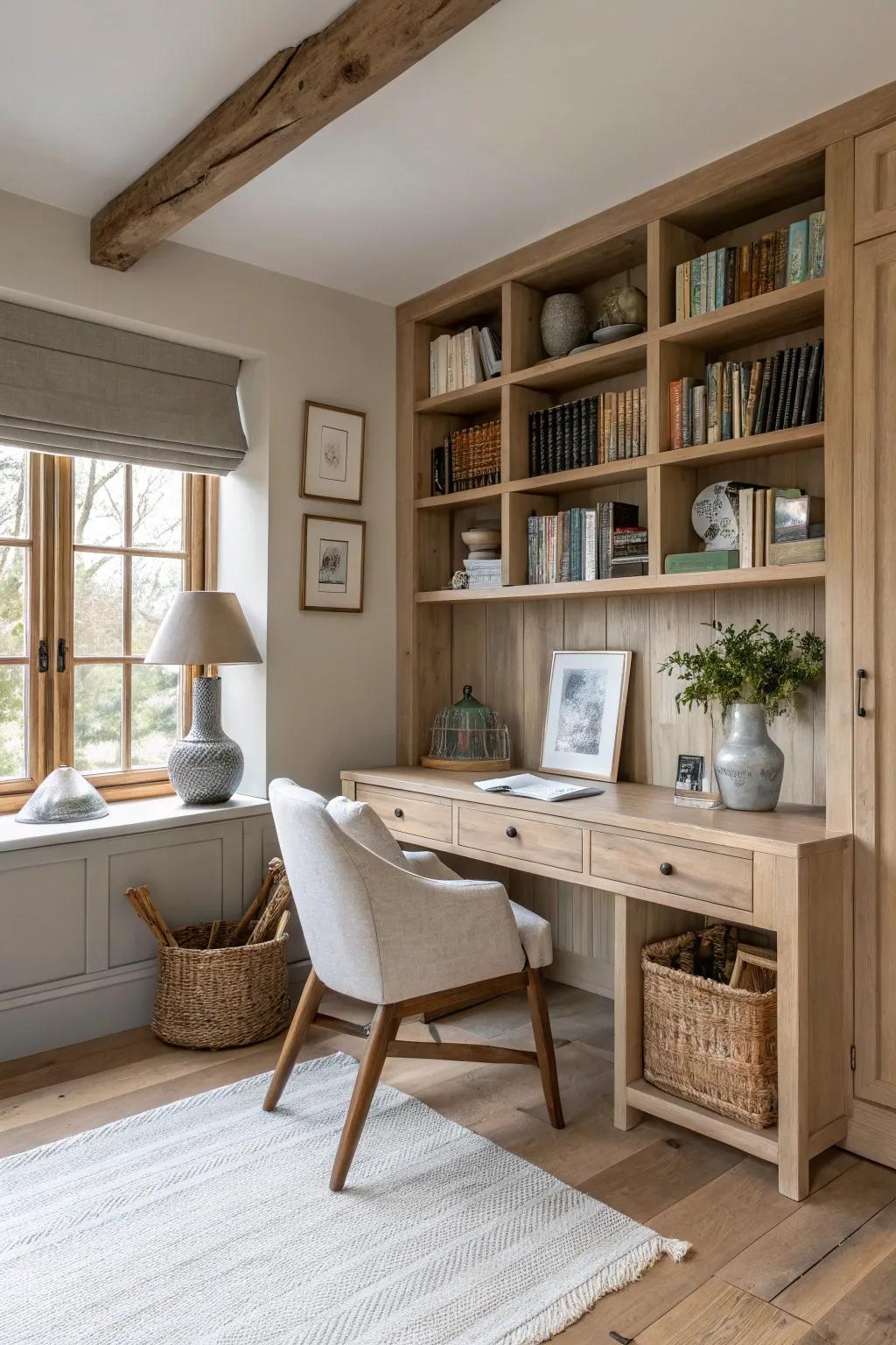 Integrated bookcases provide both storage and a stunning display area in your farmhouse office.