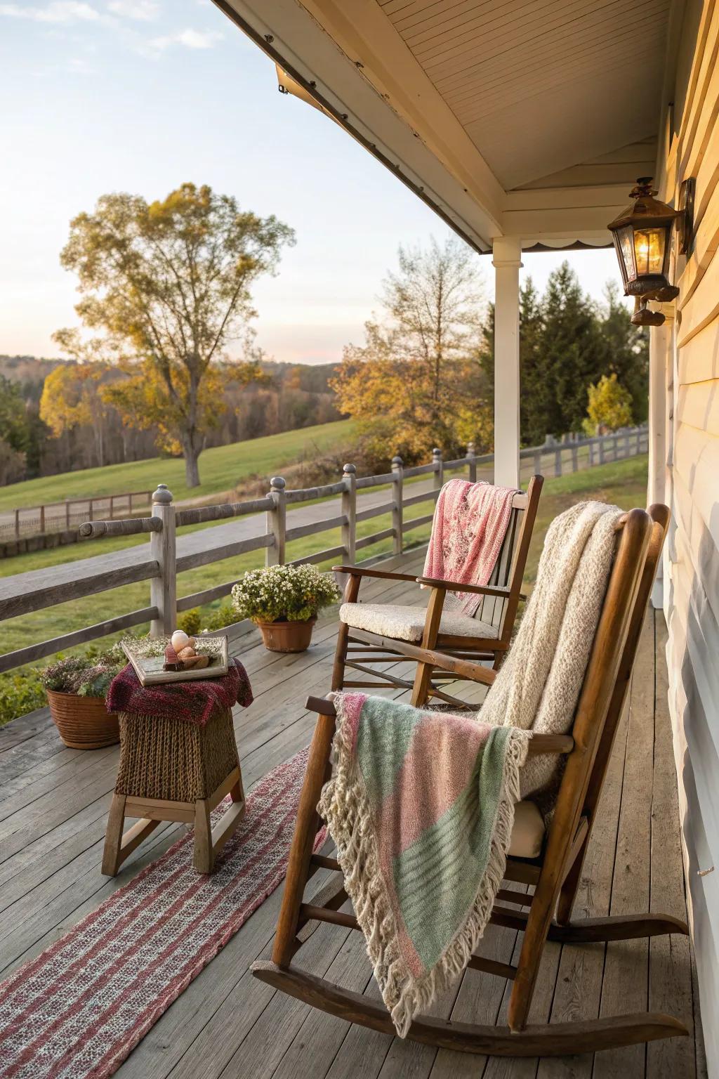 Throws bring warmth and comfort to the porch.