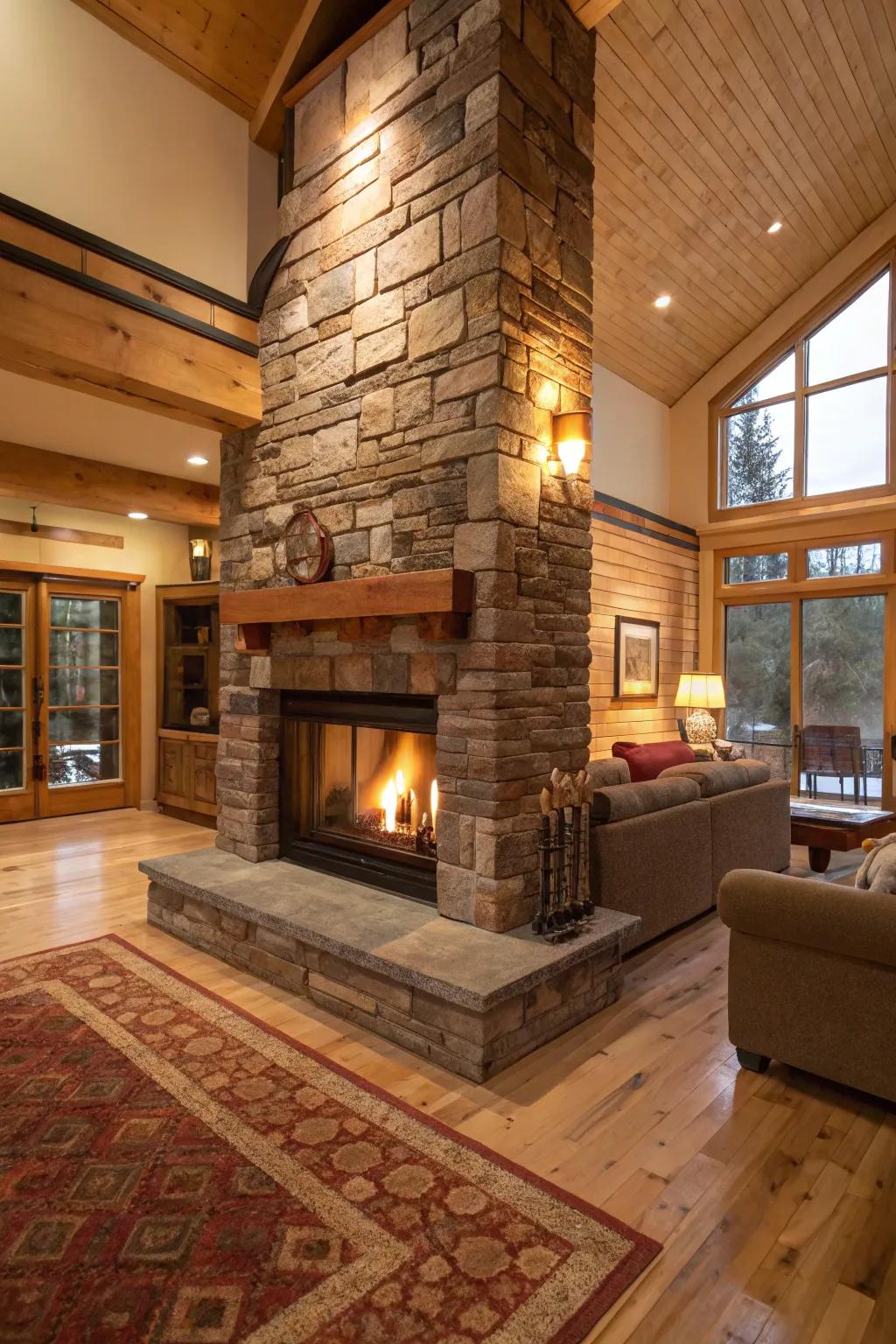 A dual-aspect fireplace offers warmth and a shared view within this open space.