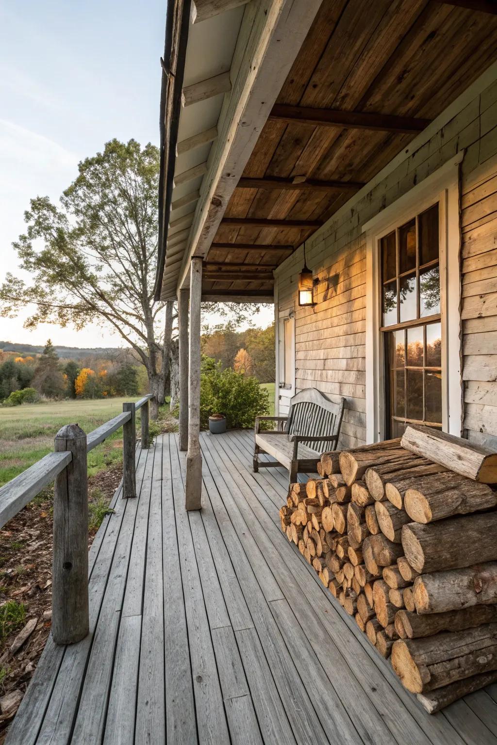 Piles of split wood add a cozy and functional touch to a rustic porch.