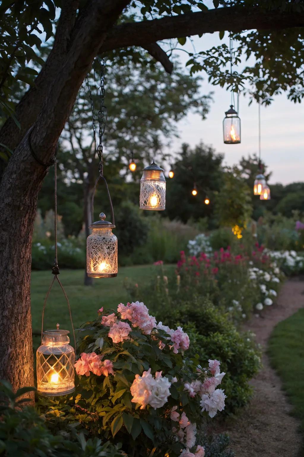 Preserving jar lamps casting a warm glow in the garden.