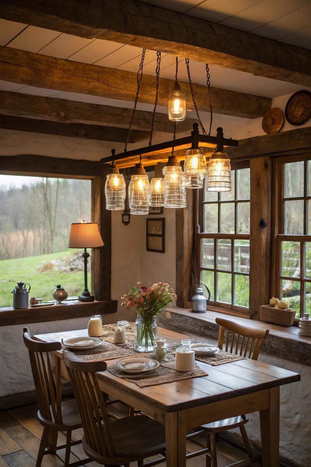 A storage jar light introduces country-inspired whimsy to this breakfast nook.