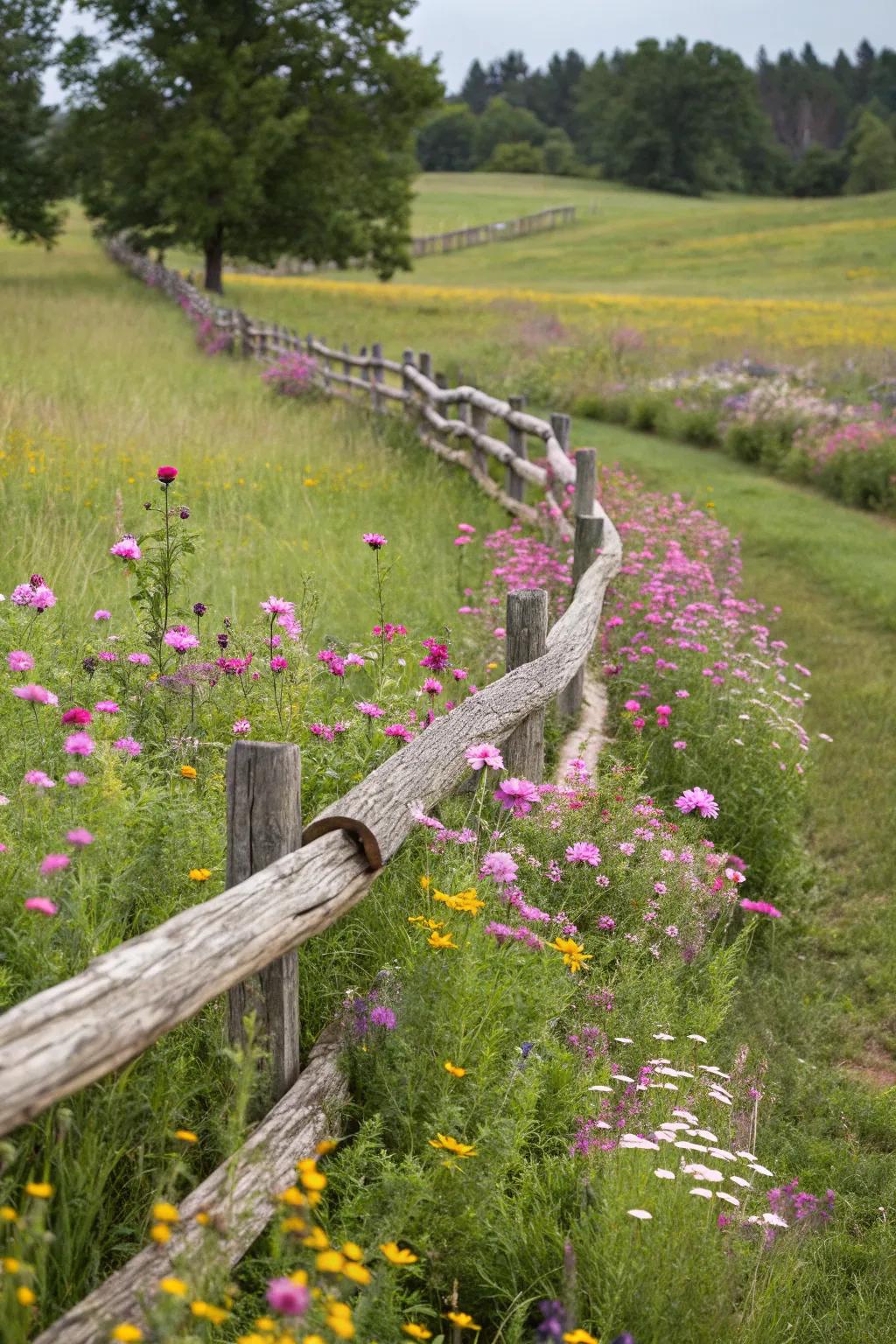 A shaped log fence winds through a landscape, adding dynamic movement to the scene.