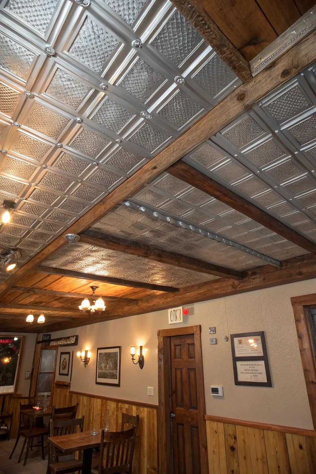 Unique ceiling design featuring tin and wood segments introduces personality.