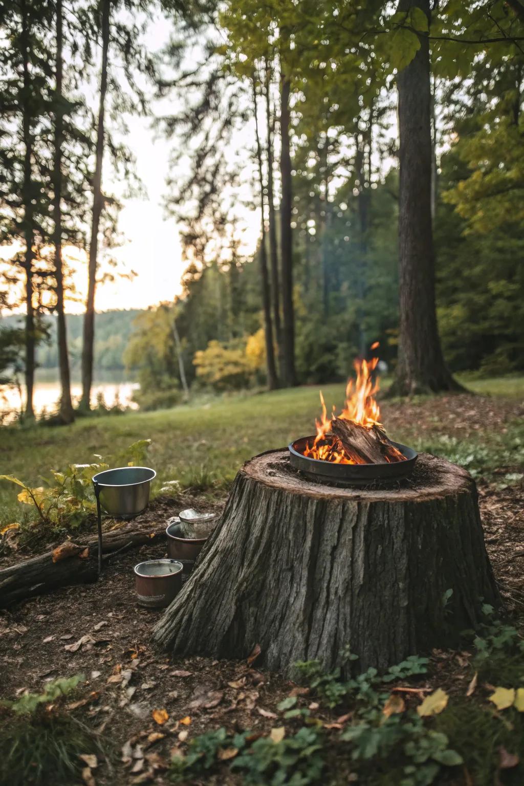 A wood block base merges nature with rustic style.