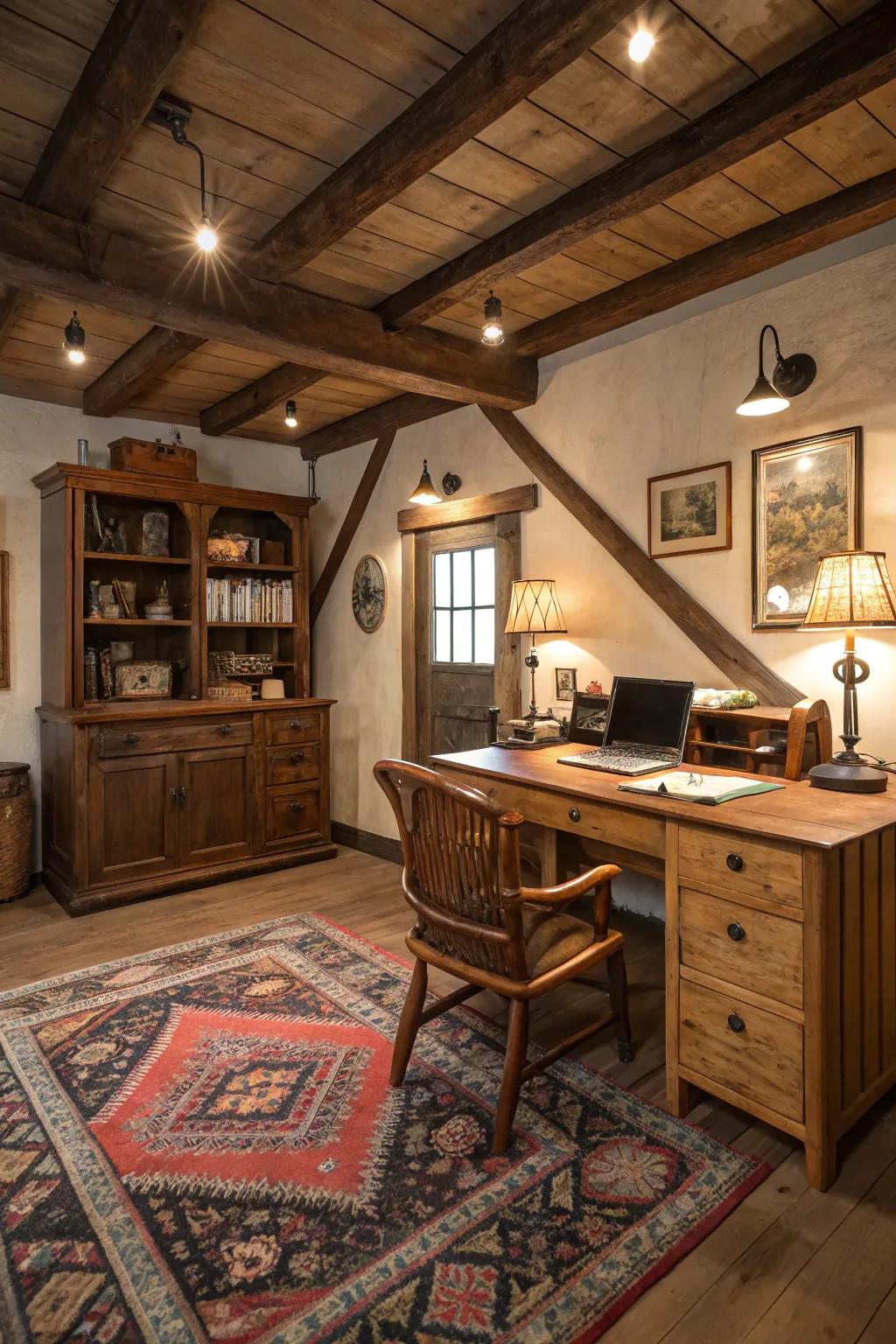 A classic rug delivers warmth alongside persona to a country workspace.