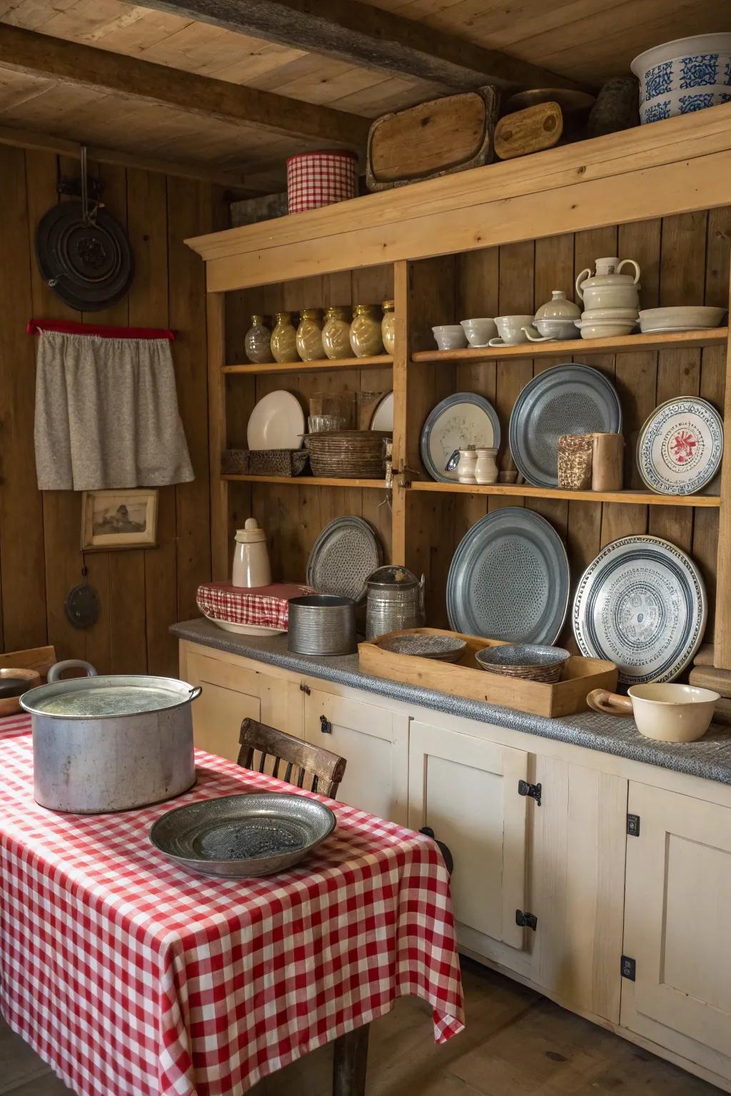 Antique-inspired components such as enamelware introduce charm and utility.