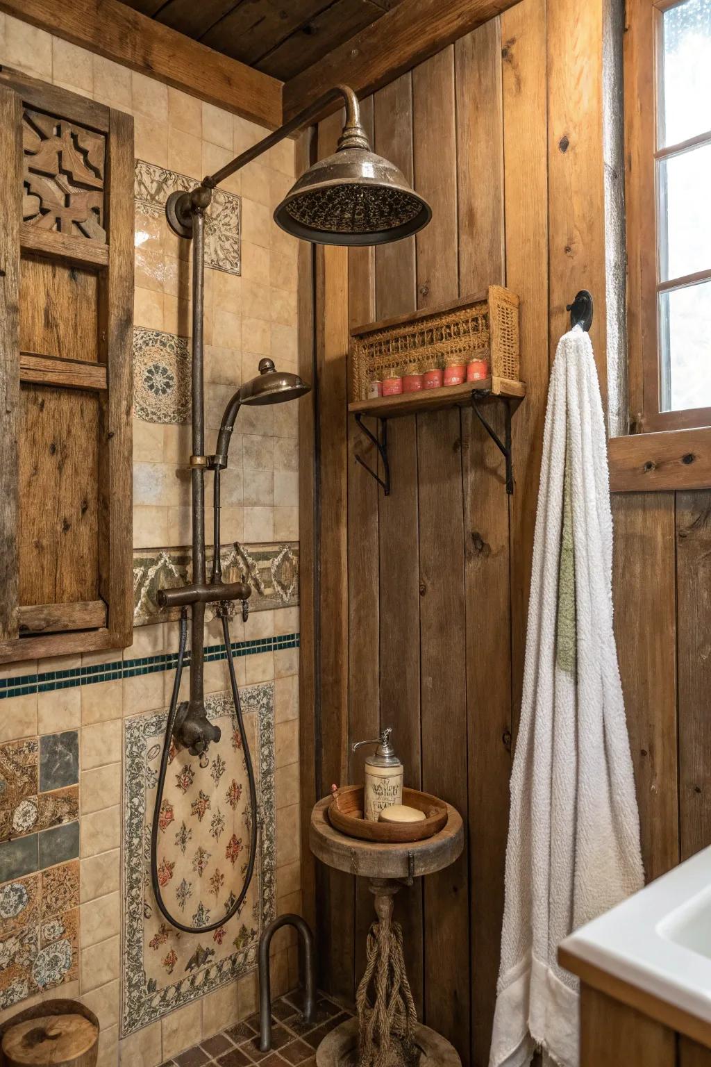 A country shower enhanced with vintage accessories that contribute to an ageless charm.