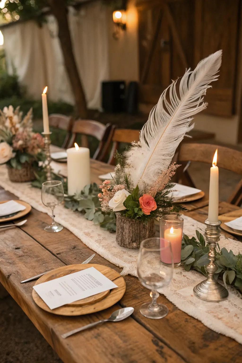Plume accents adding a fanciful texture to the countryside table.