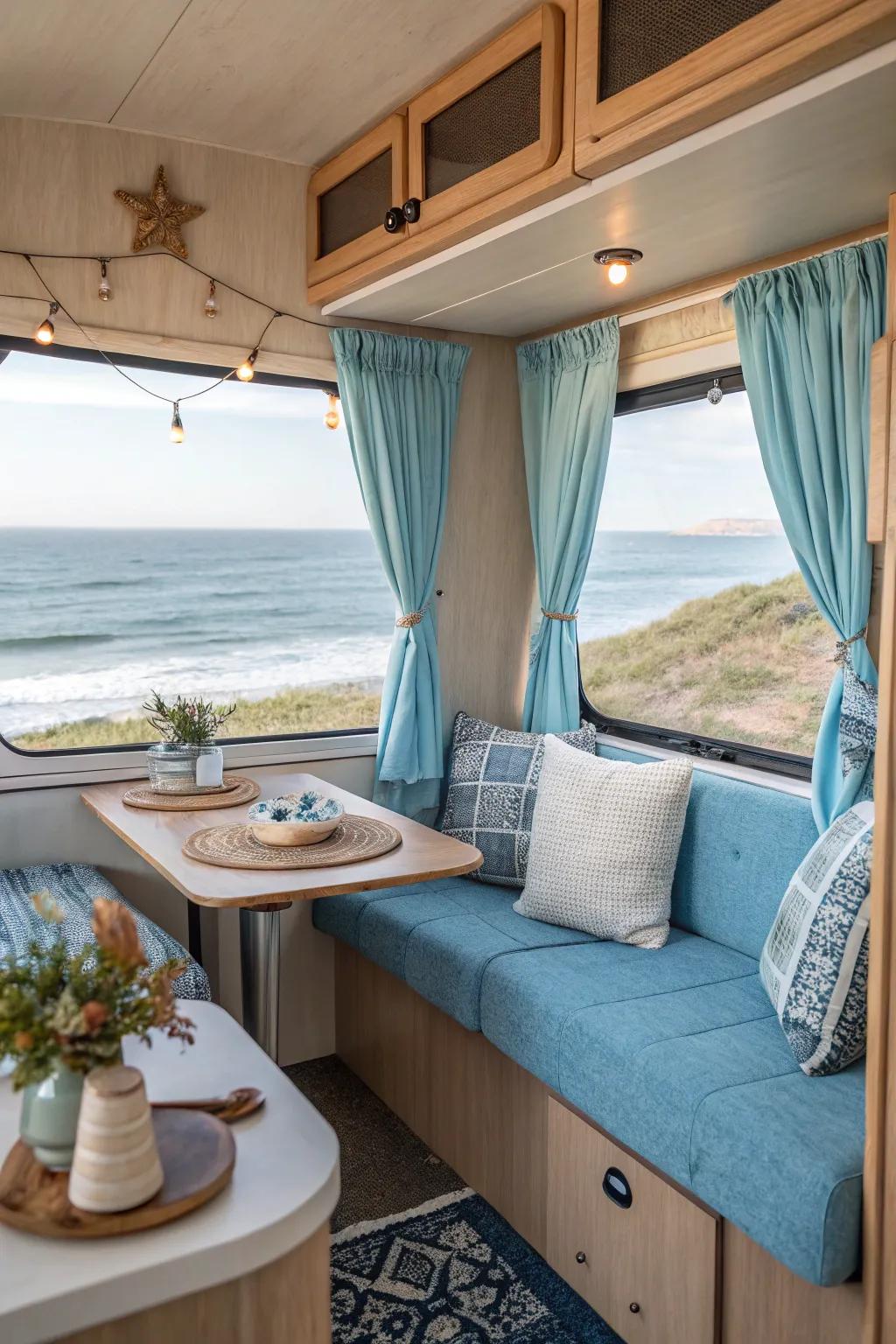 A littoral color scheme contributes to a revitalizing, relaxing vibe to this RV.
