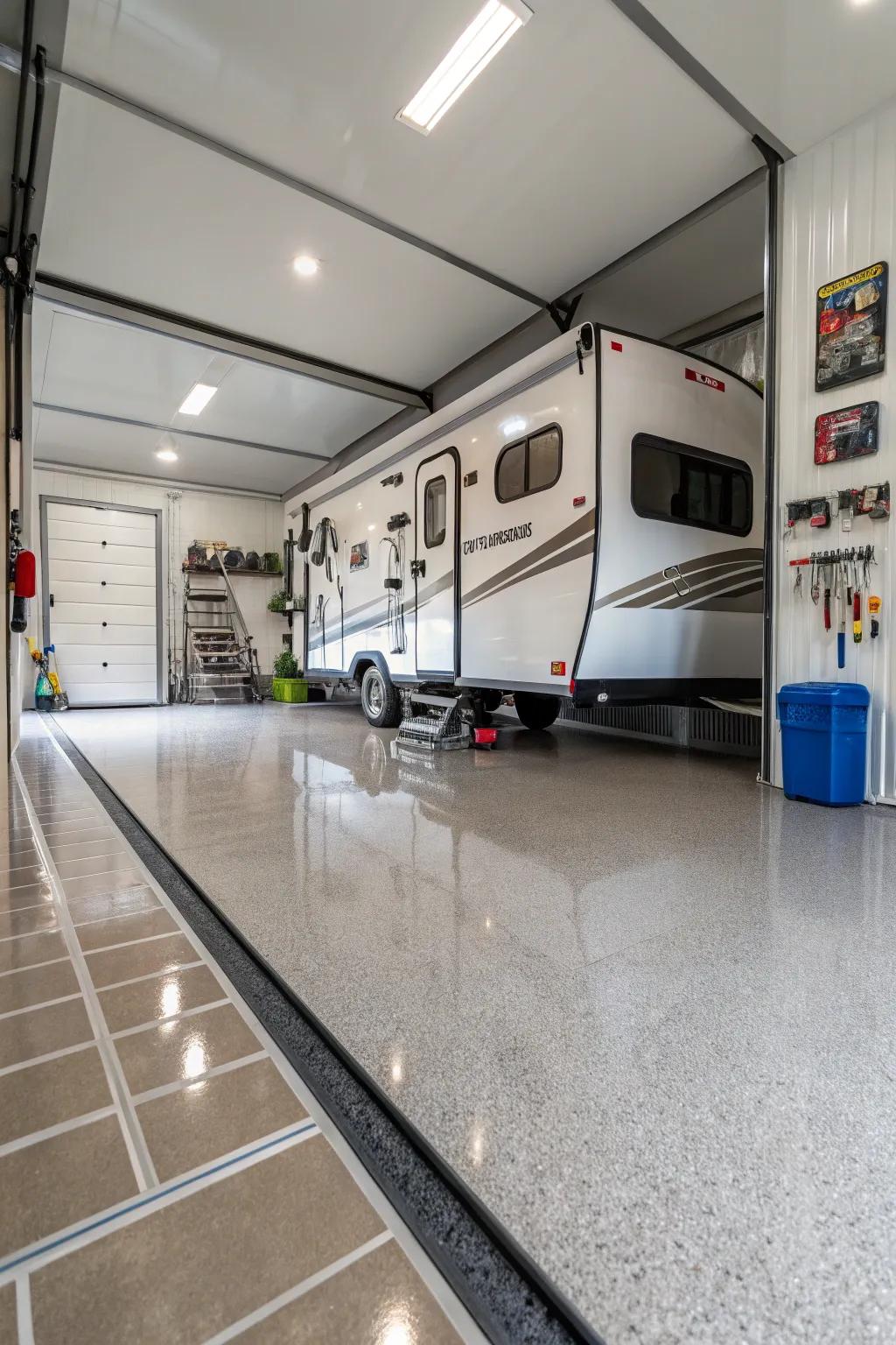 For a clean and refined finish, an RV garage features long-lasting epoxy flooring.