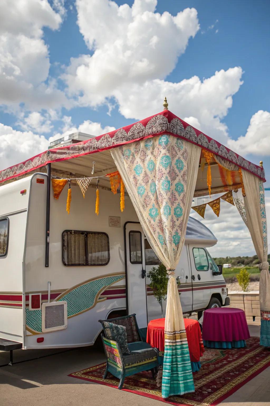 A charming top adding flair and shade to RV storage.