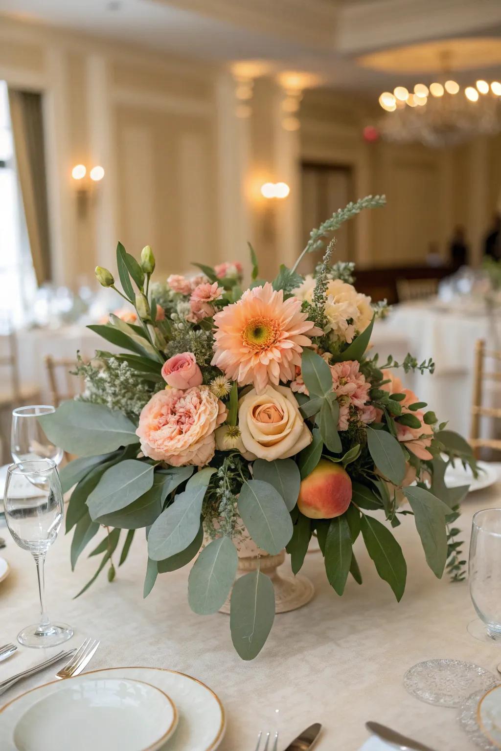 A refreshing centerpiece with peach and soft green.