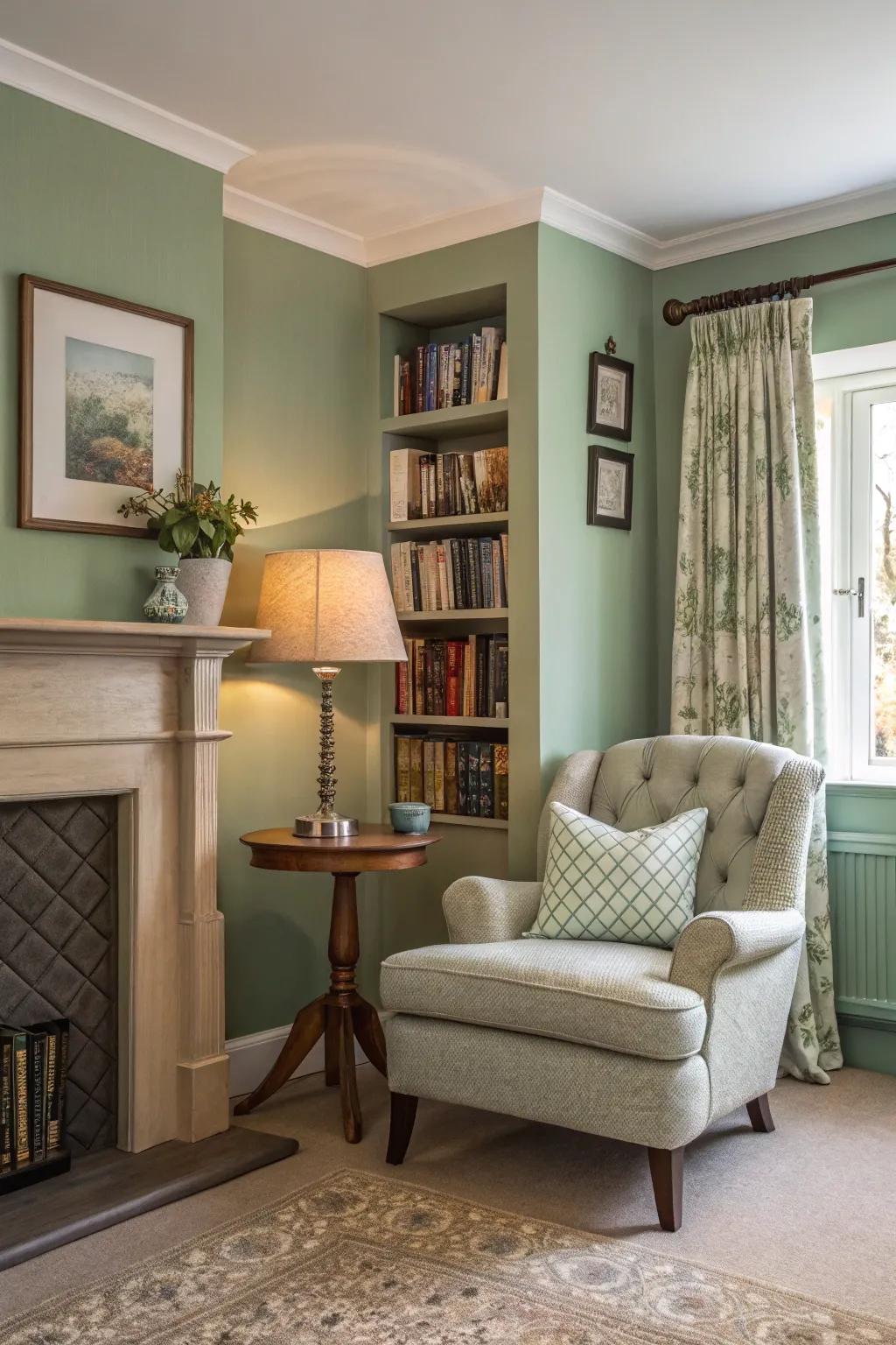 A study area offers a personal escape within a sage green space.