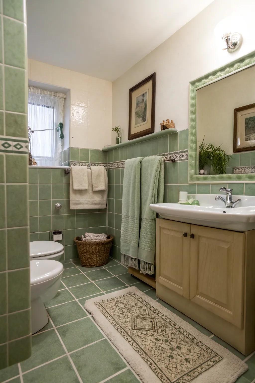 A bathroom featuring sage green decoration accents that enhance the overall visual.