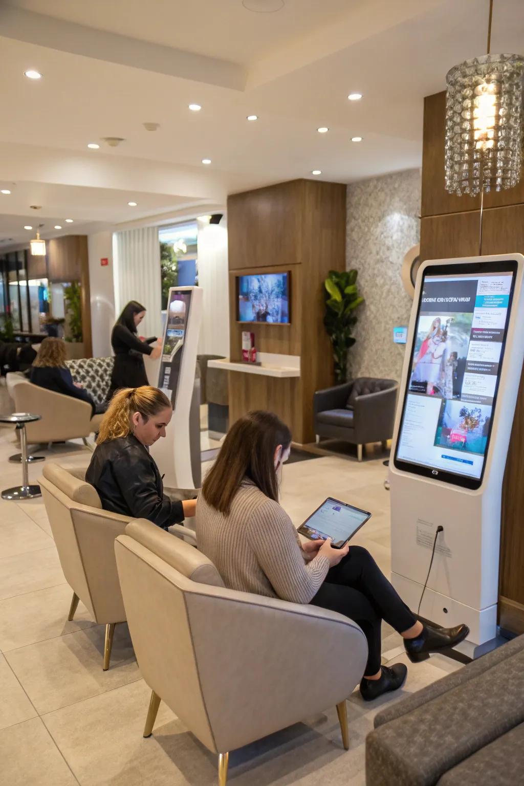 A salon entry equipped with interactive screens for engaging clients.