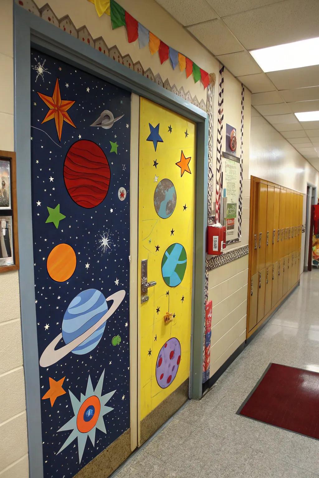 A cosmic space exploration theme featured on a school door.
