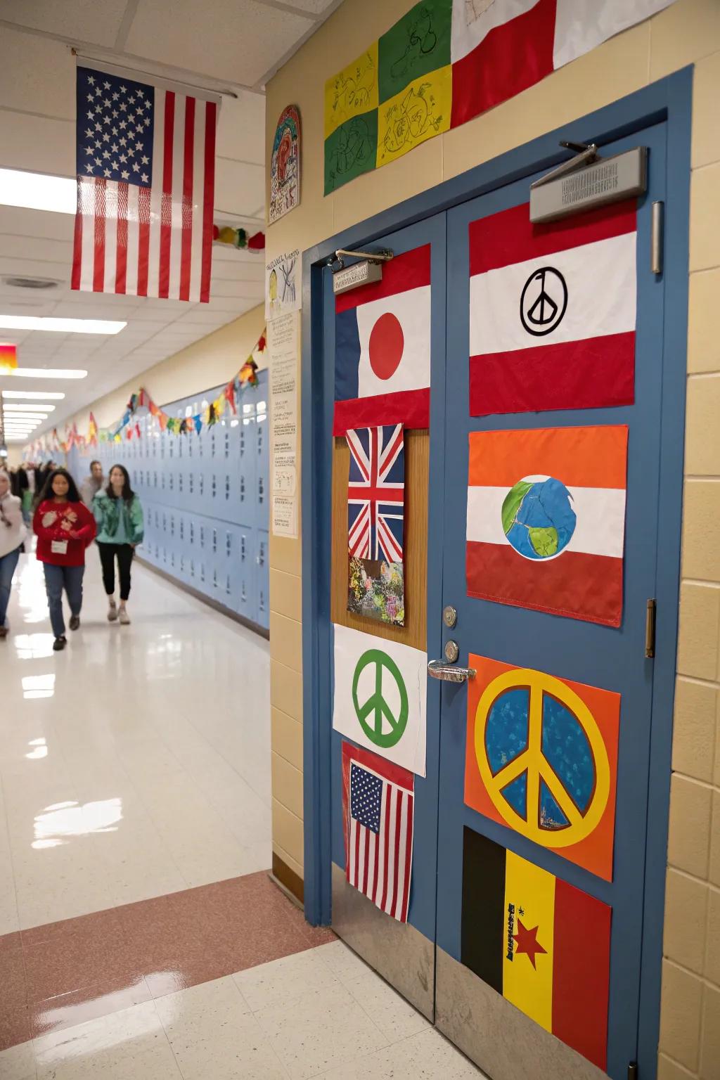 A world-themed school nurse's entryway celebrating cultural diversity.