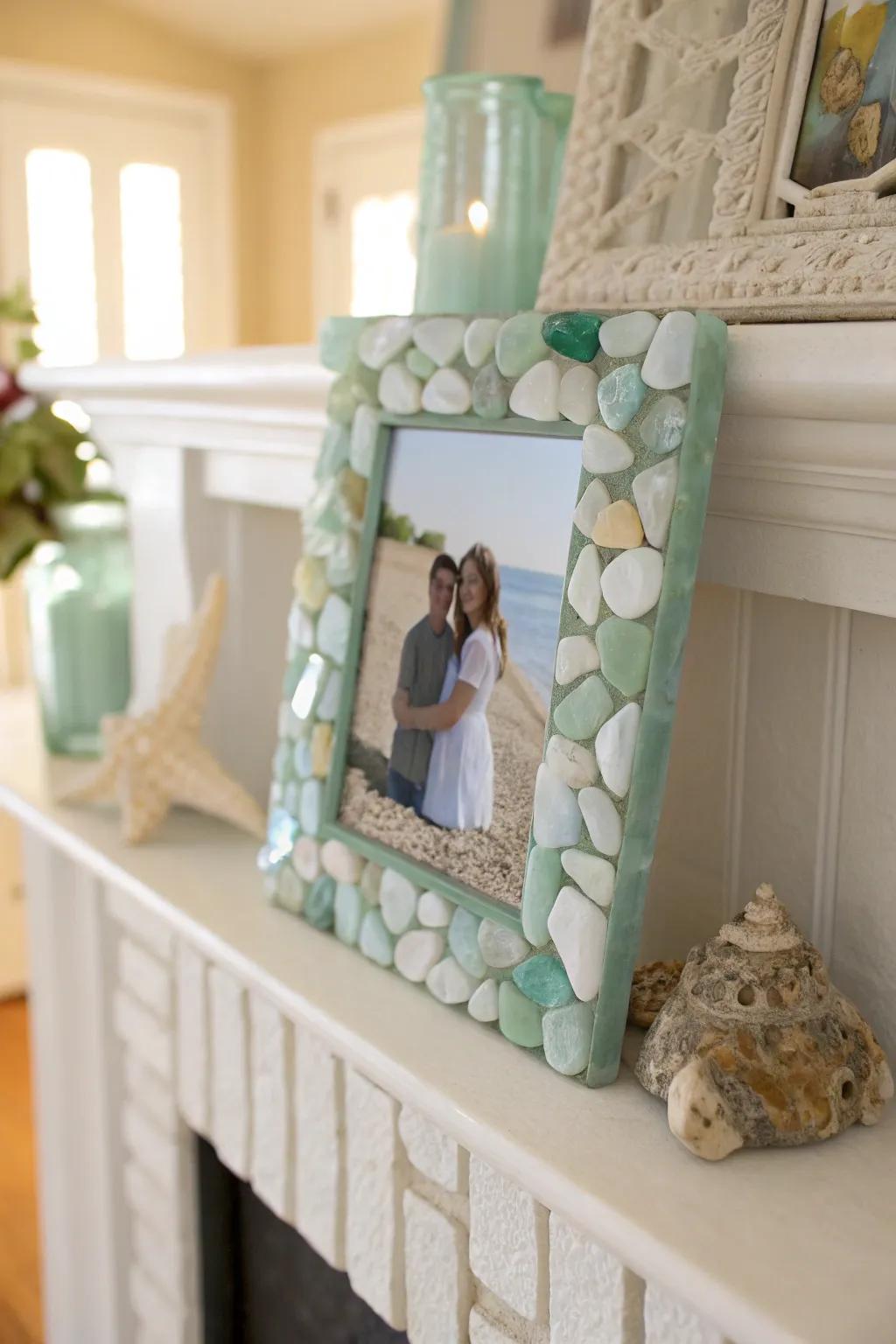 Sea glass photo frames bring a beachy touch to cherished memories.