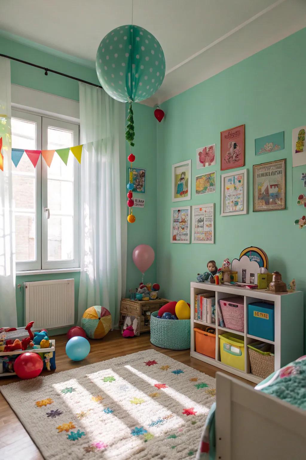 A lively and calming children's bedroom exhibits seafoam green walls.