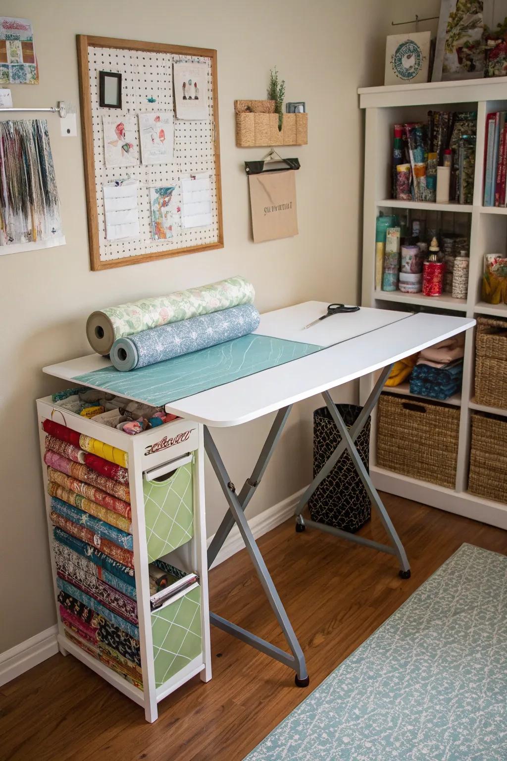 A fold-down table delivers flexible workspace.