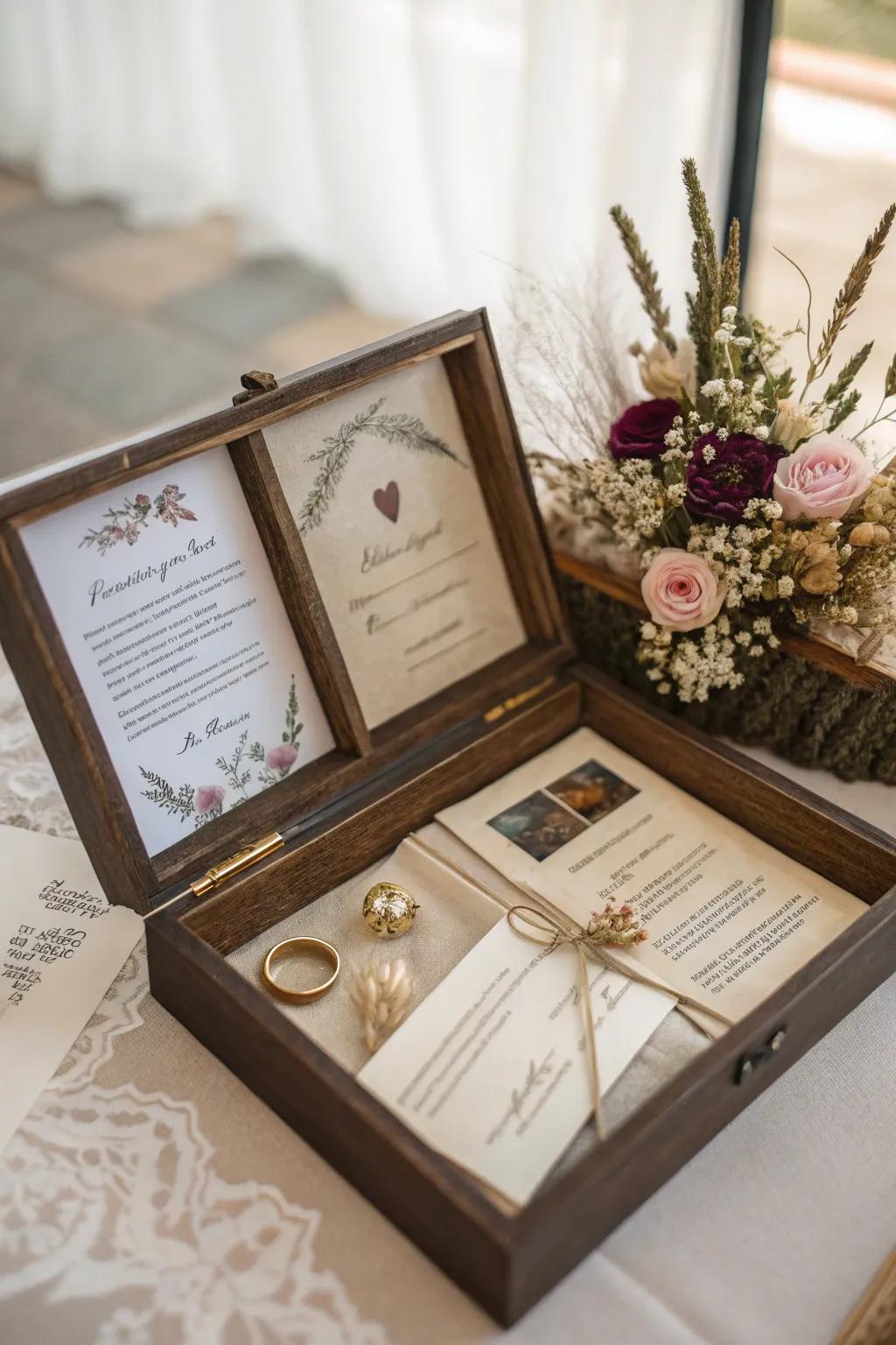 A wedding keepsake display capturing a day of love.