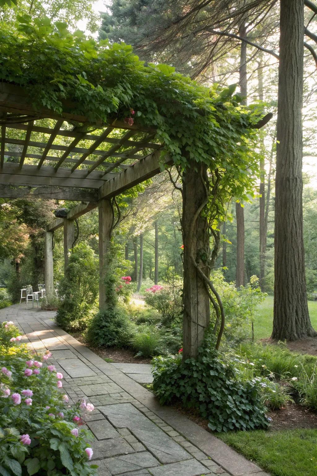 A pergola offers structure and shade, enhanced by climbing flora.