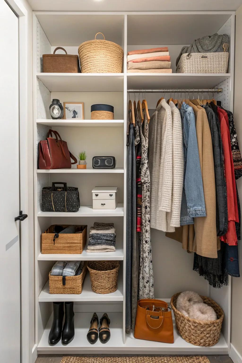 A closet with exposed shelves, turning everyday items into a part of the decor.