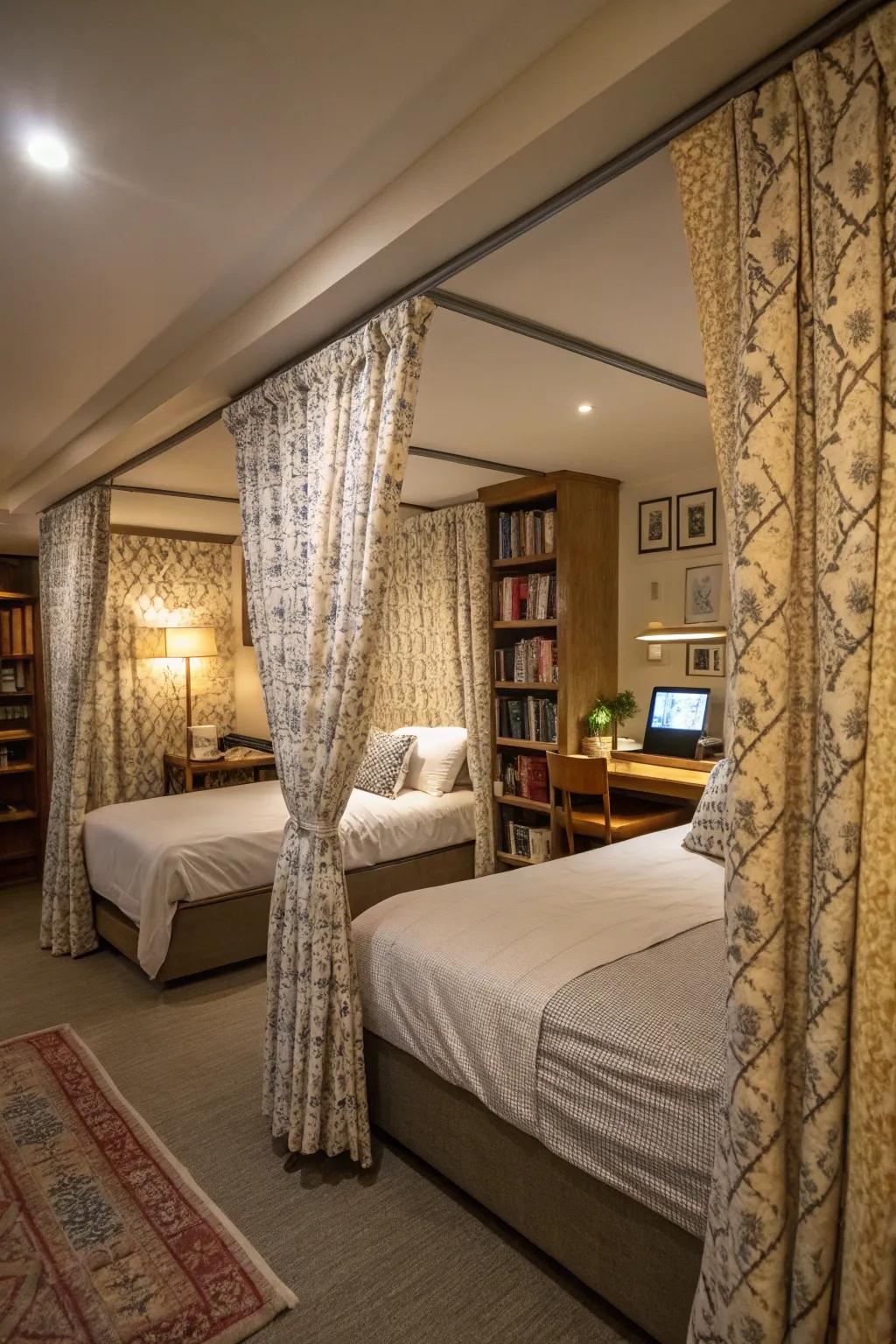 Curtains provide private spaces within a shared space.