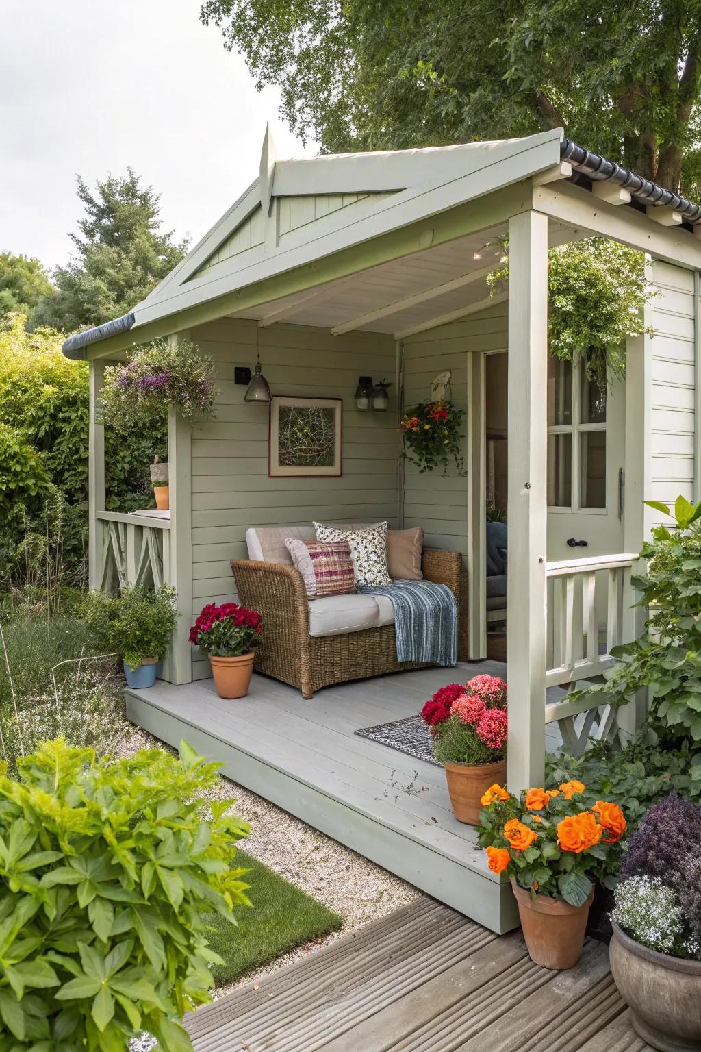 A garden shed featuring a fashionable and welcoming veranda.