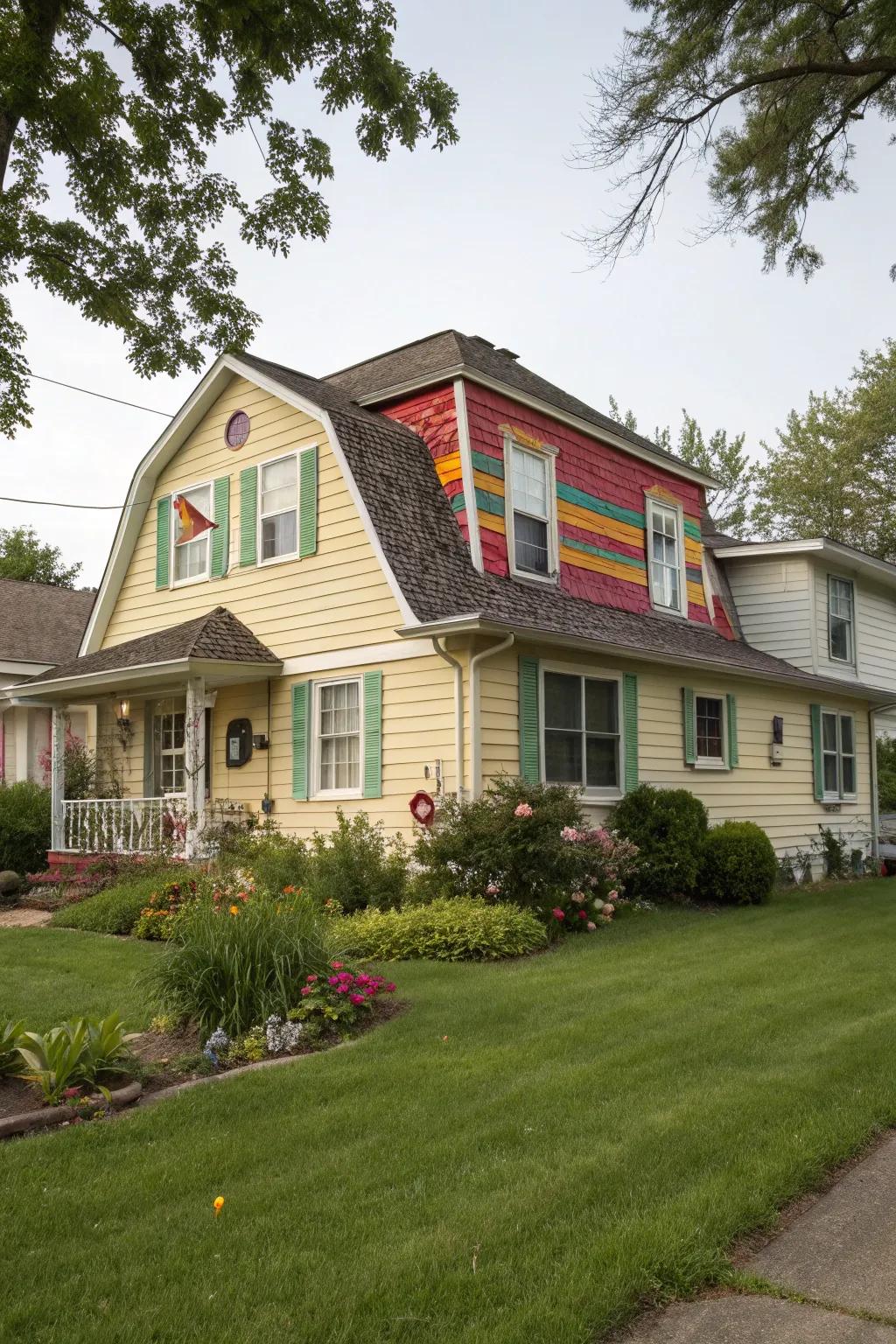 House with a vibrant, colorful shed dormer.