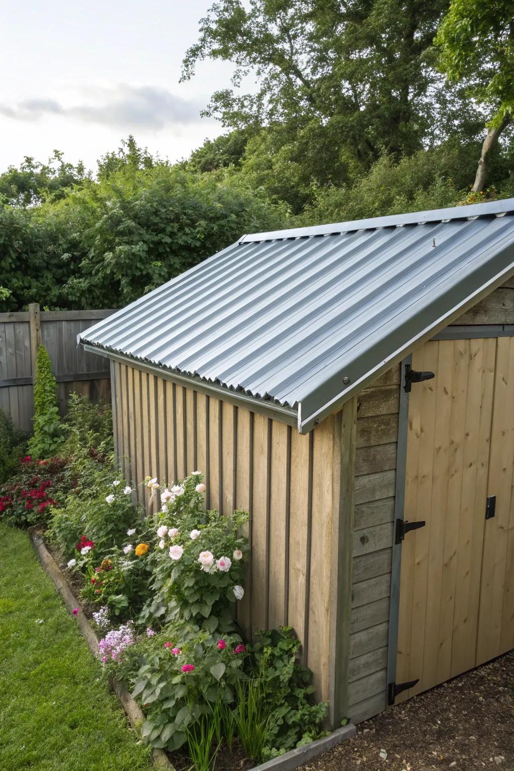 A steel roof enhances the strength and security of a garden shed.