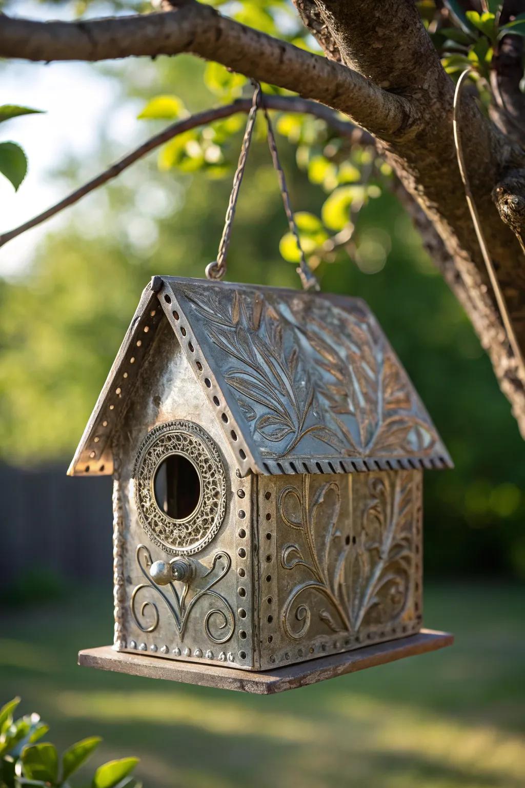 Beautify your garden using handmade charm: a sheet metal bird shelter which combines artistry with nature.