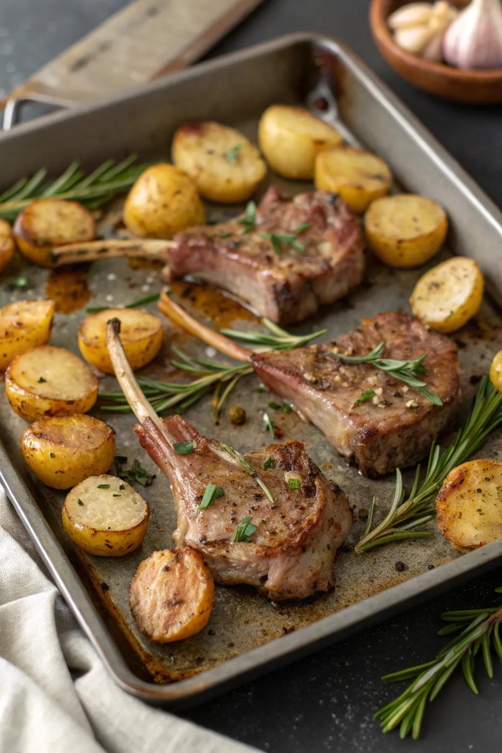 Lamb loin chops with herbs and tiny potatoes, a sophisticated dish.