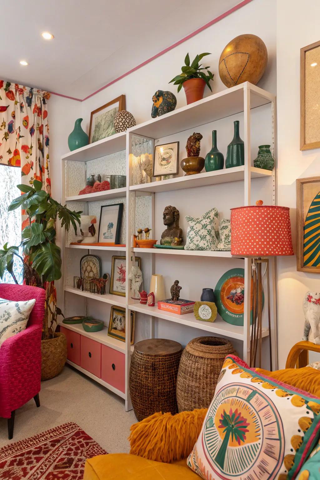 Whimsical figurines infuse shelves with personality and charm.