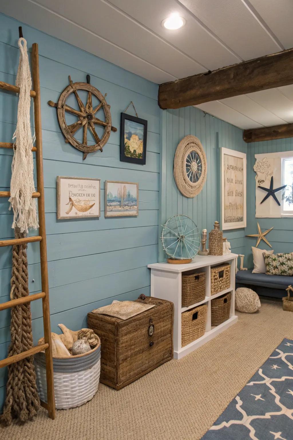 A coastal-inspired basement with blue groove paneling walls.