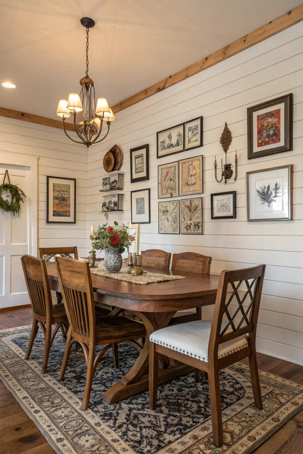A dining room with artistic flair and shiplap walls.