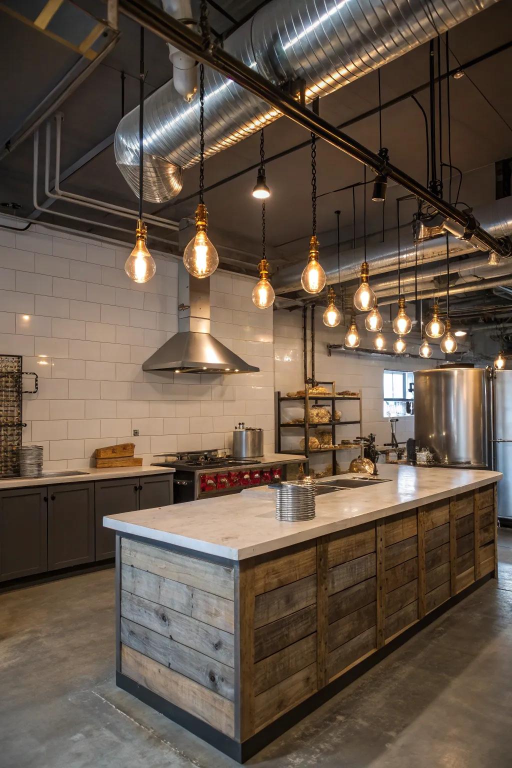 Industrial kitchen featuring a horizontal panel island and urban components.